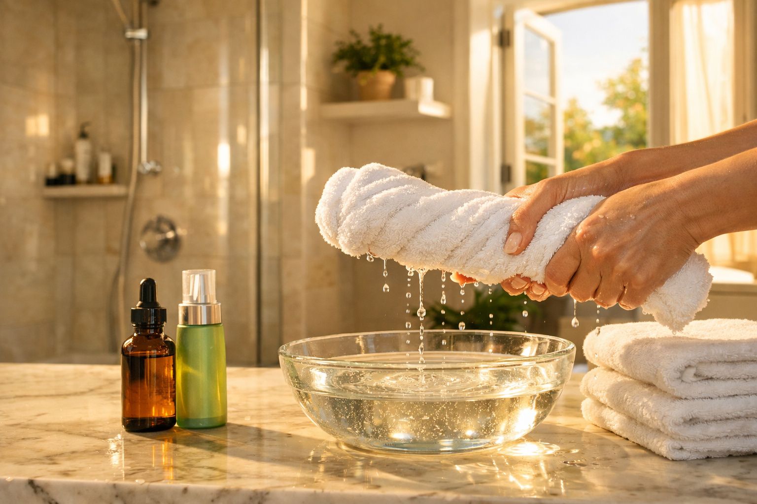Mãos a espremer uma toalha molhada sobre uma tigela de vidro num ambiente de casa de banho iluminado.