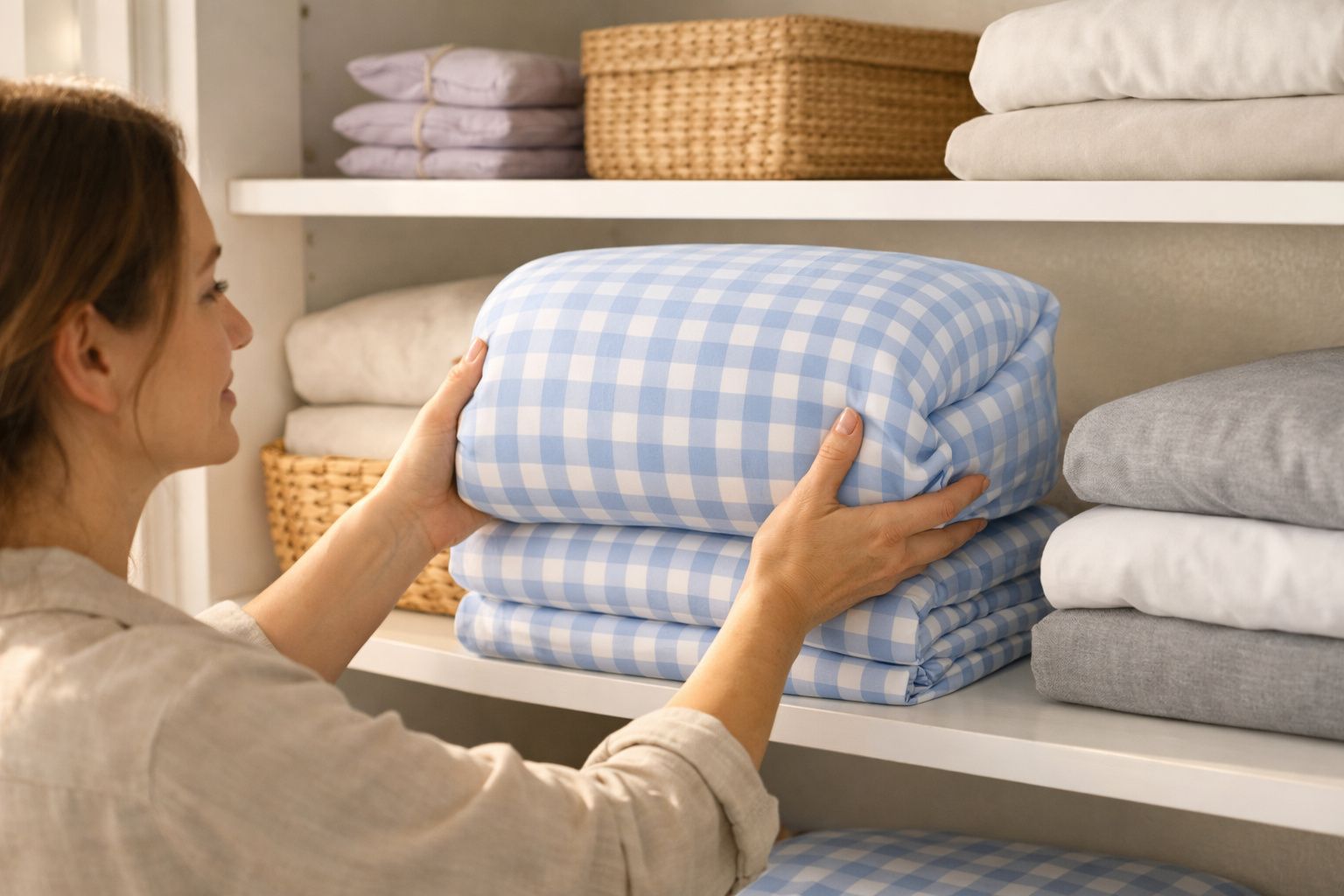 Mulher arruma colcha azul aos quadrados numa prateleira com roupa e cestos de vime.