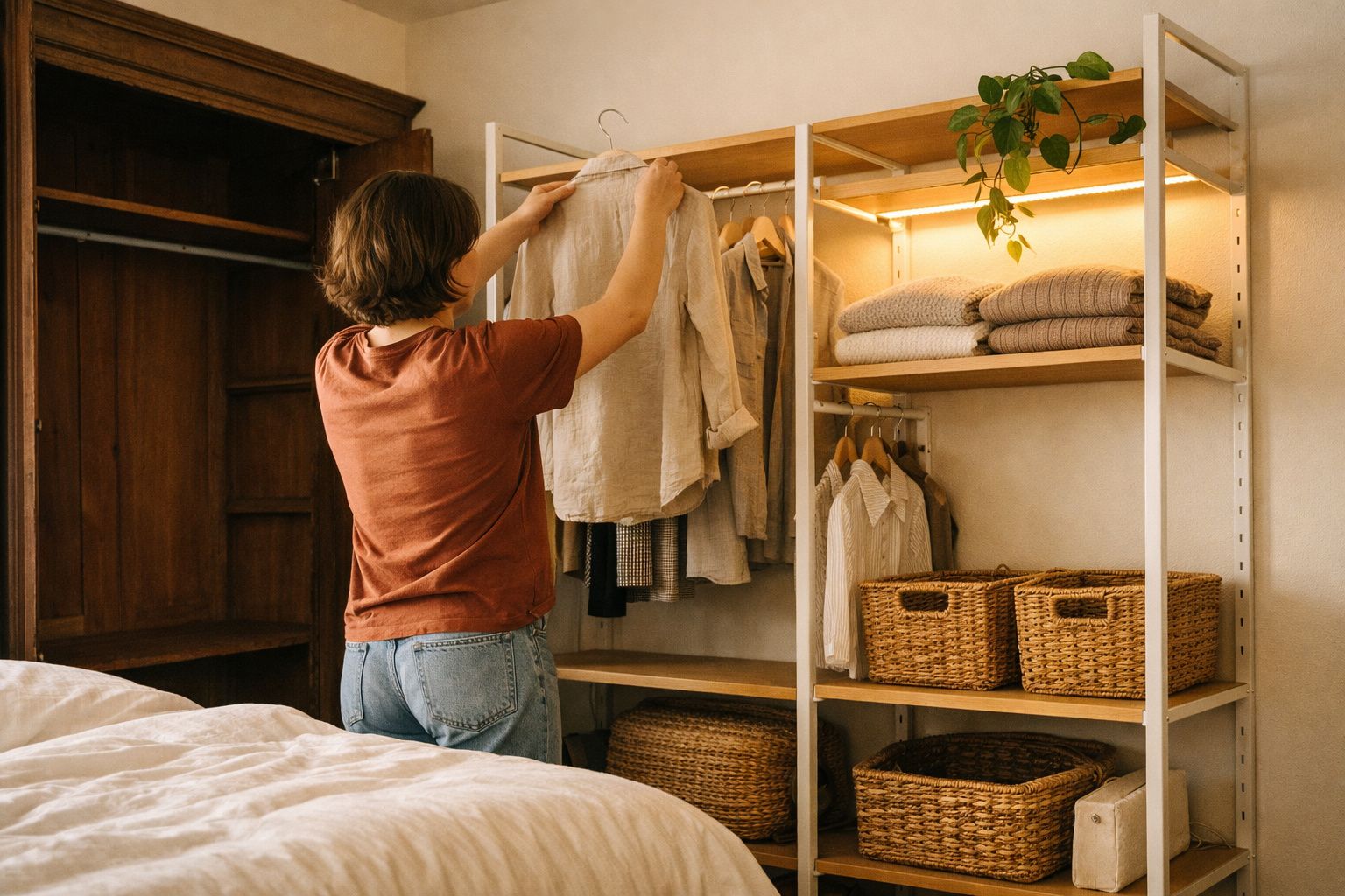 Pessoa a organizar roupa num armário aberto com prateleiras e cestos de vime, quarto acolhedor com luz quente.