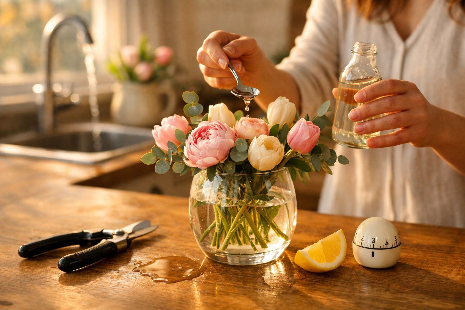 Pessoa a adicionar líquido com colher numa jarra de vidro com flores sobre mesa de madeira, próximo de limão e temporizador.
