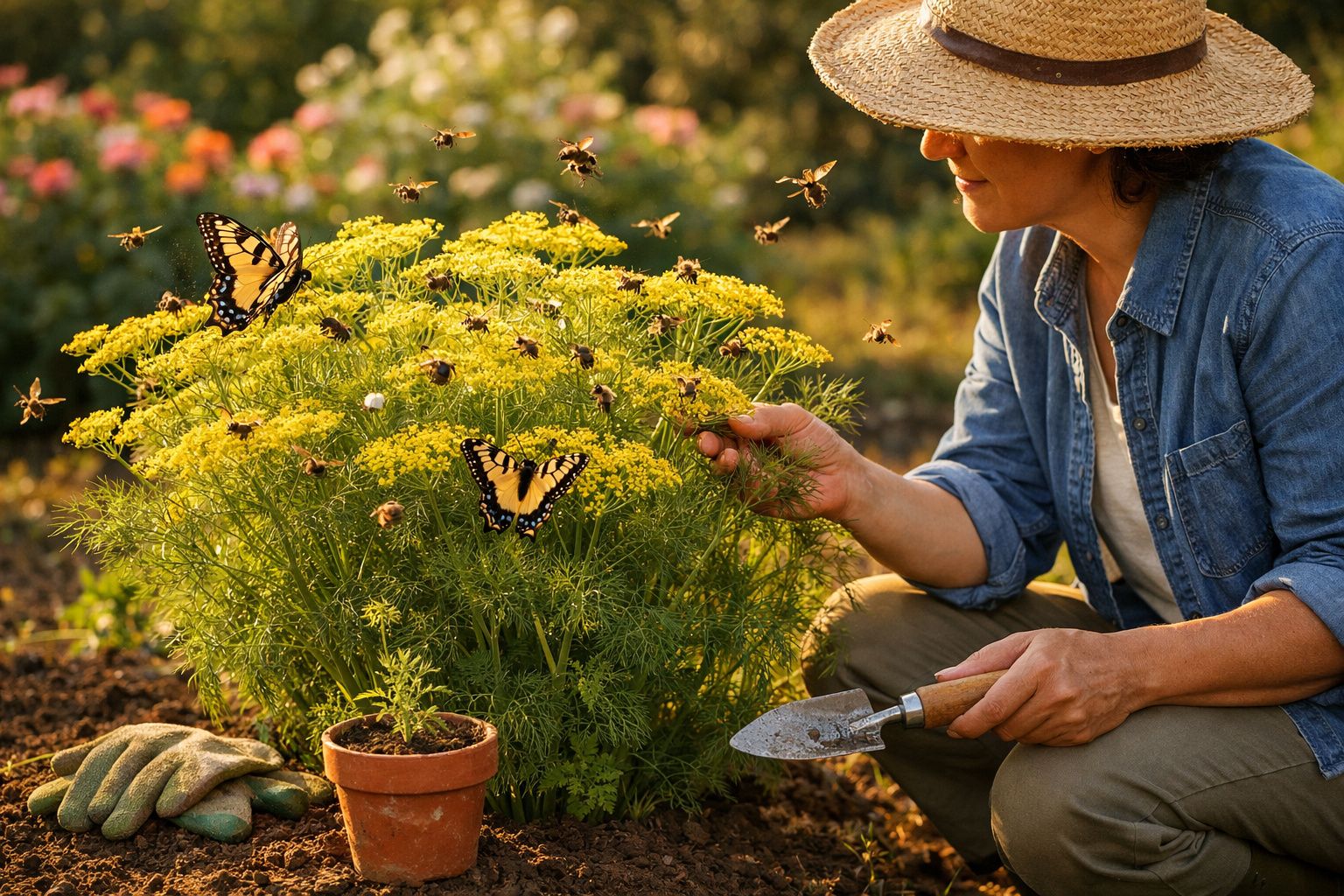 Mulher a cuidar de plantas com abelhas e borboletas numa horta ensolarada com chapéu de palha.