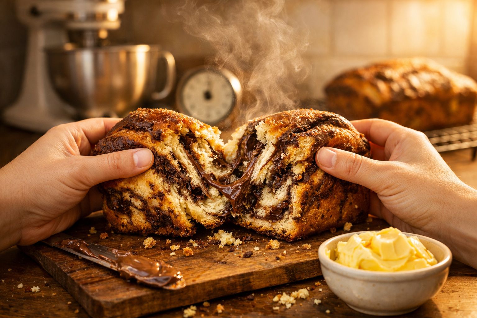 Pão doce partido a meio com recheio de chocolate quente e manteiga numa tábua de madeira.