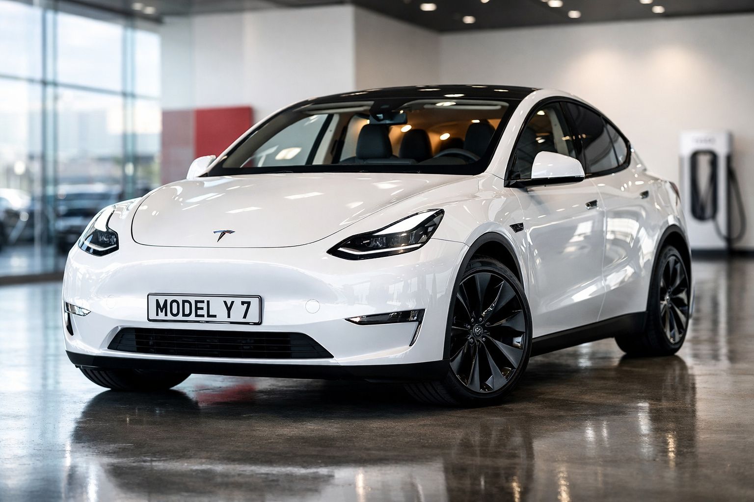 Carro elétrico Tesla Model Y branco estacionado em piso de cimento num espaço interior bem iluminado.
