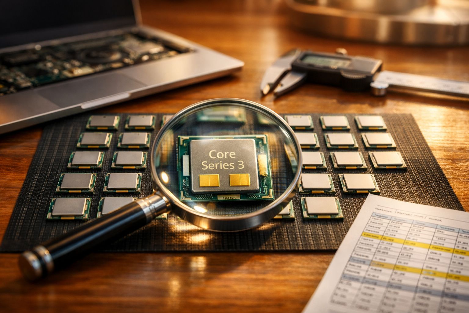 Placa eletrónica com múltiplos chips, lupa a ampliar chip "Core Series 3", régua de precisão e lista técnica numa mesa de mad