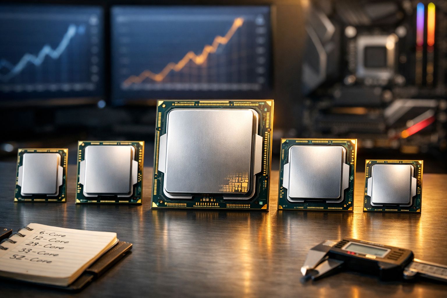 Cinco processadores de computador em diferentes tamanhos alinhados sobre mesa com gráfico ao fundo.