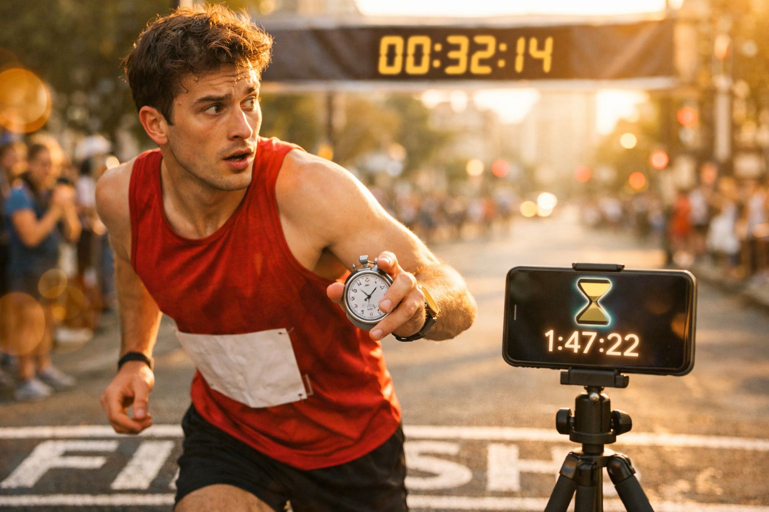 Atleta de corrida a terminar uma prova com cronómetro na mão e temporizadores digitais ao fundo e à frente.