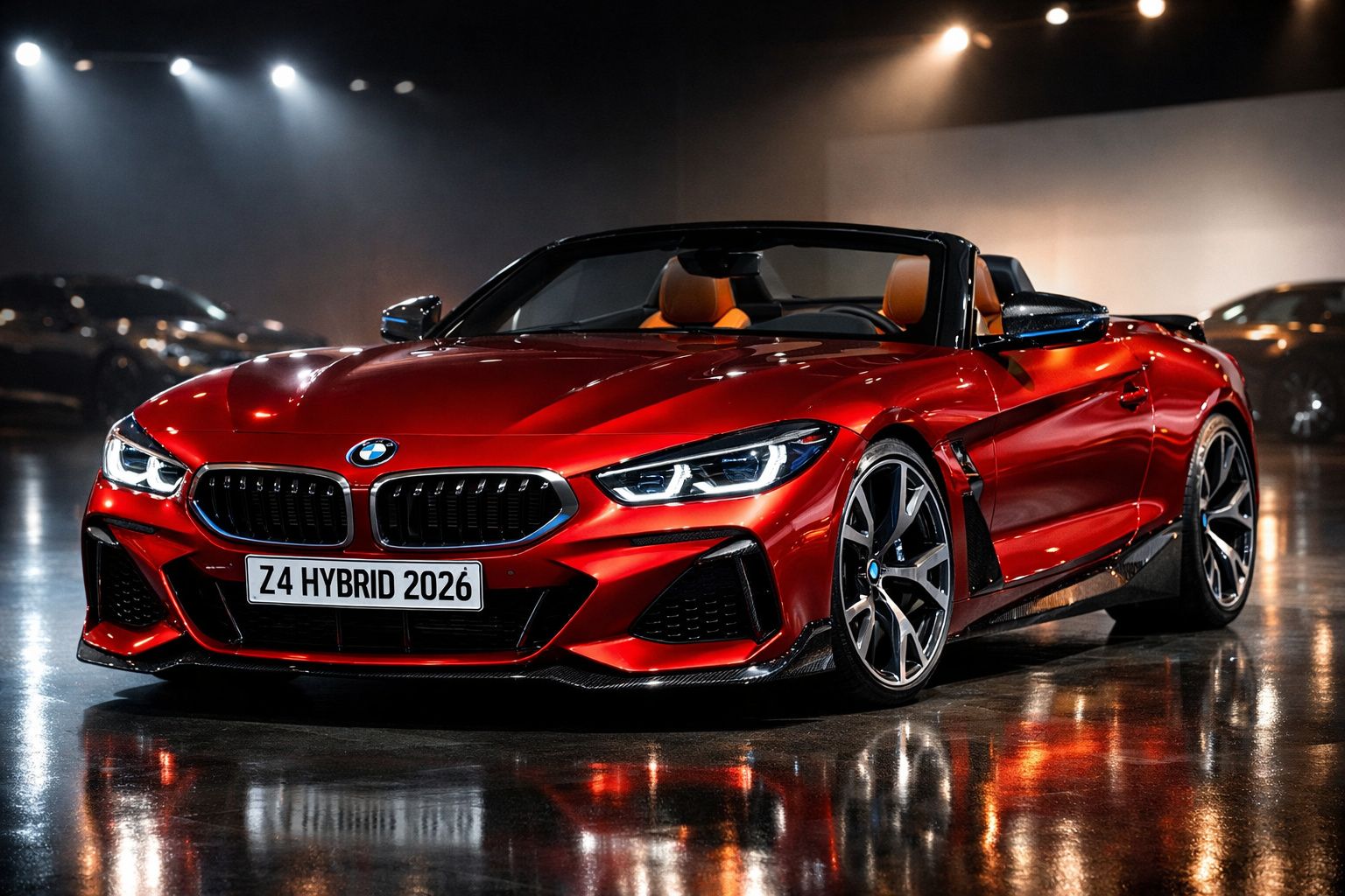 BMW Z4 Hybrid descapotável vermelho brilhante em exposição com interior castanho.