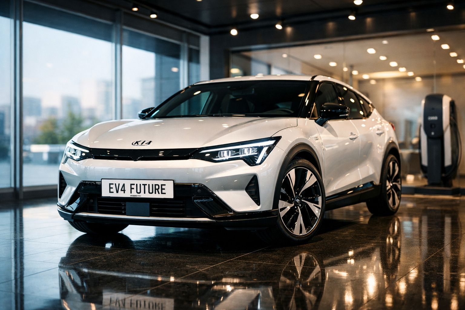 Carro elétrico branco Kia EV4 Future estacionado em interior moderno com parede de vidro e estação de carregamento.