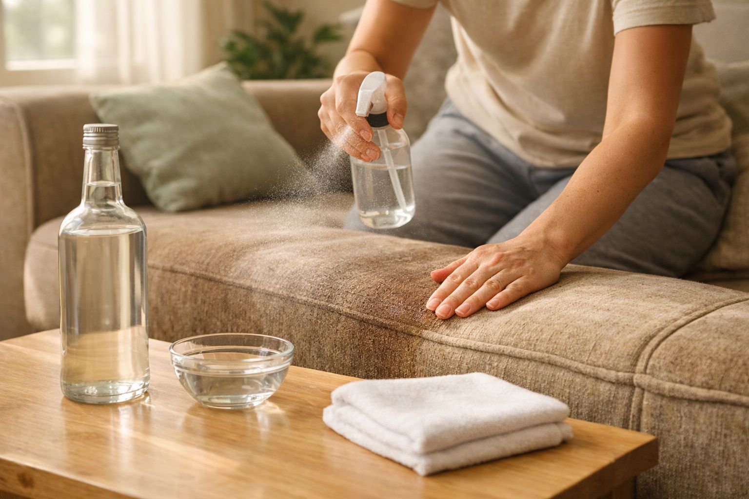 Pessoa a limpar sofá castanho com pulverizador e panos numa sala acolhedora.