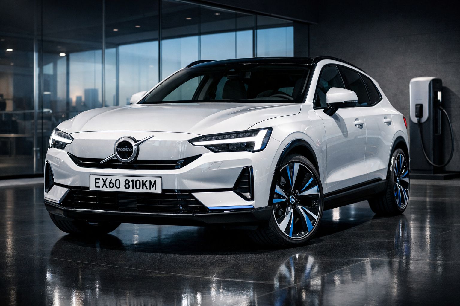 Carro elétrico Volvo branco a carregar numa estação de carregamento interior moderna.