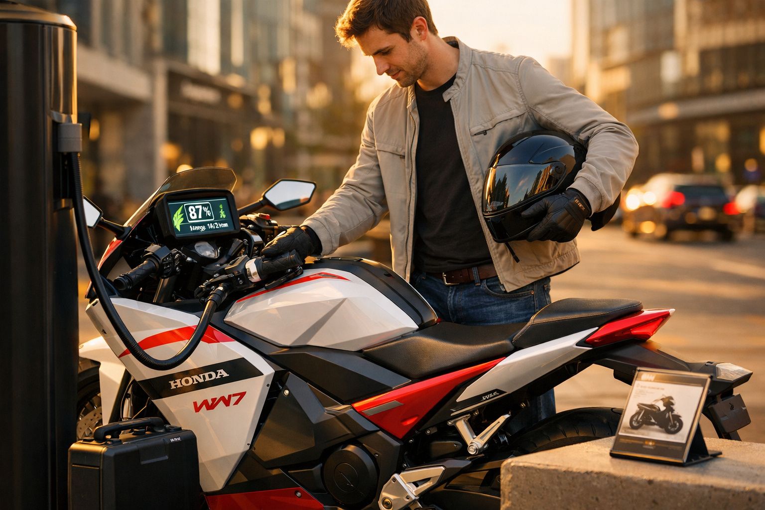 Homem a abastecer moto elétrica Honda WV7 na rua ao pôr-do-sol, segurando capacete preto.
