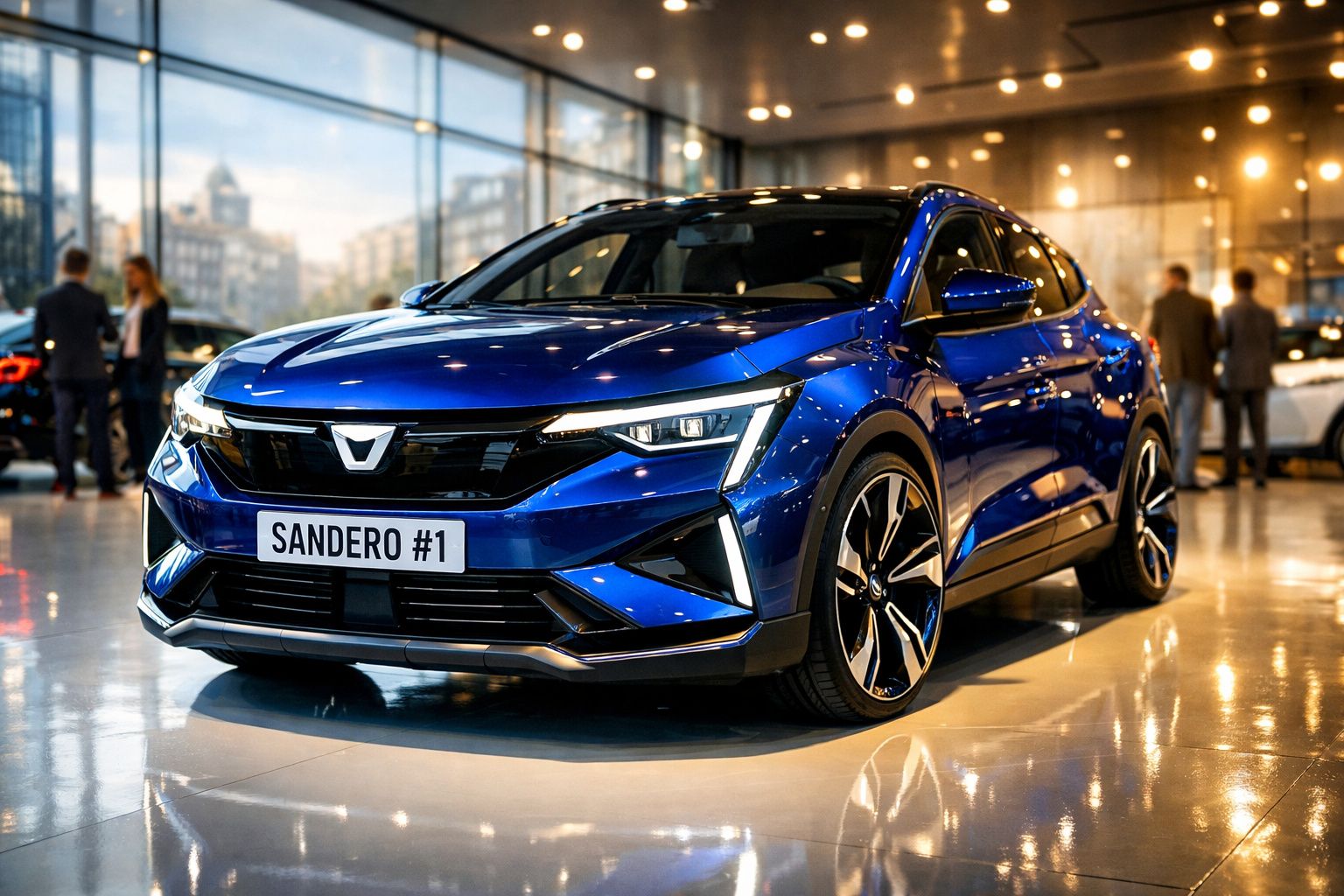 Carro azul Dacia Sandero exposto num salão automóvel com luzes ambiente e pessoas ao fundo.