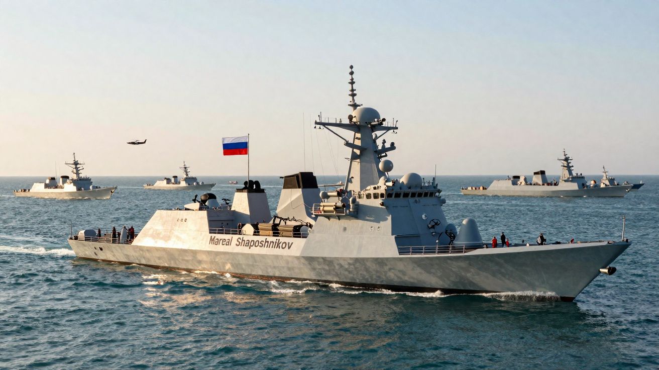 Fragata Marechal Shaposhnikov com bandeira da Rússia em mar aberto, acompanhada por outros navios militares.