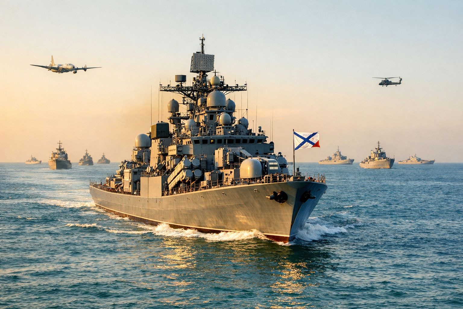 Esquadrão naval com navios de guerra, avião e helicóptero em mar calmo ao pôr do sol.