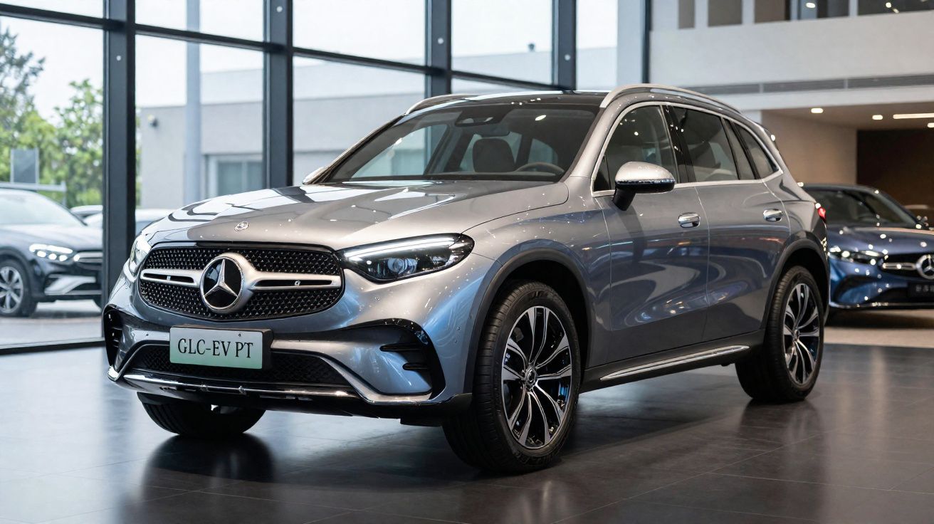 Mercedes-Benz GLC elétrico cinzento exposto em concessionária moderna com grandes janelas de vidro.