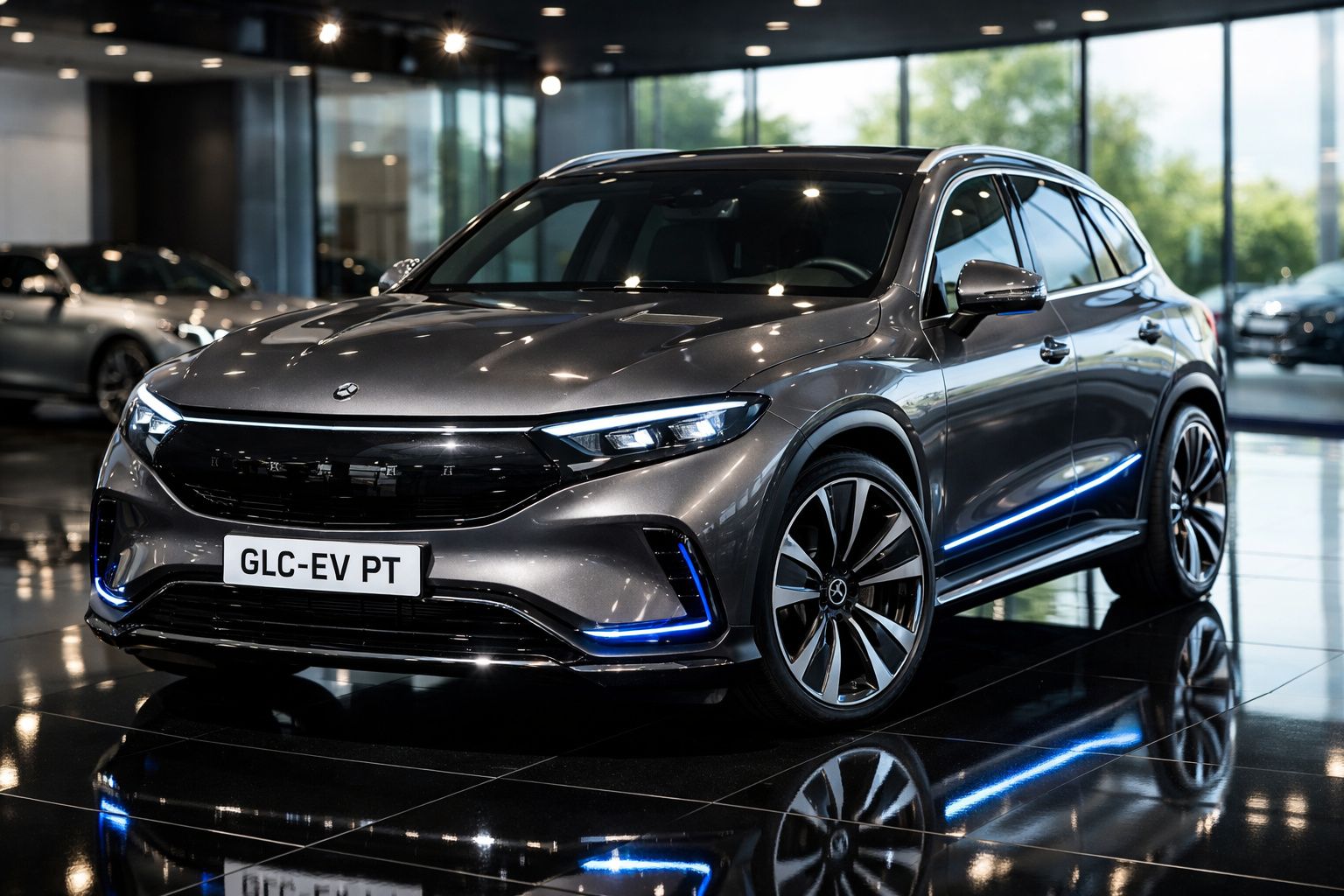 Mercedes-Benz GLC elétrico cinzento estacionado numa sala de exposição com iluminação azul e piso refletor.