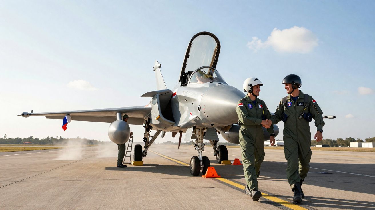 Dois pilotos de caça apertam as mãos junto a um avião militar estacionado numa pista de aterragem.