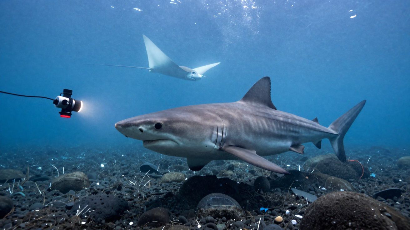 Tubarão-tigre e arraia nadando sobre fundo rochoso com luz subaquática a iluminar a cena.