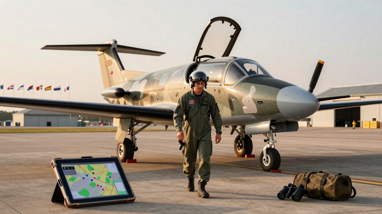 Piloto militar com farda verde e capacete caminha em pista ao lado de avião compacto camuflado e equipamento.