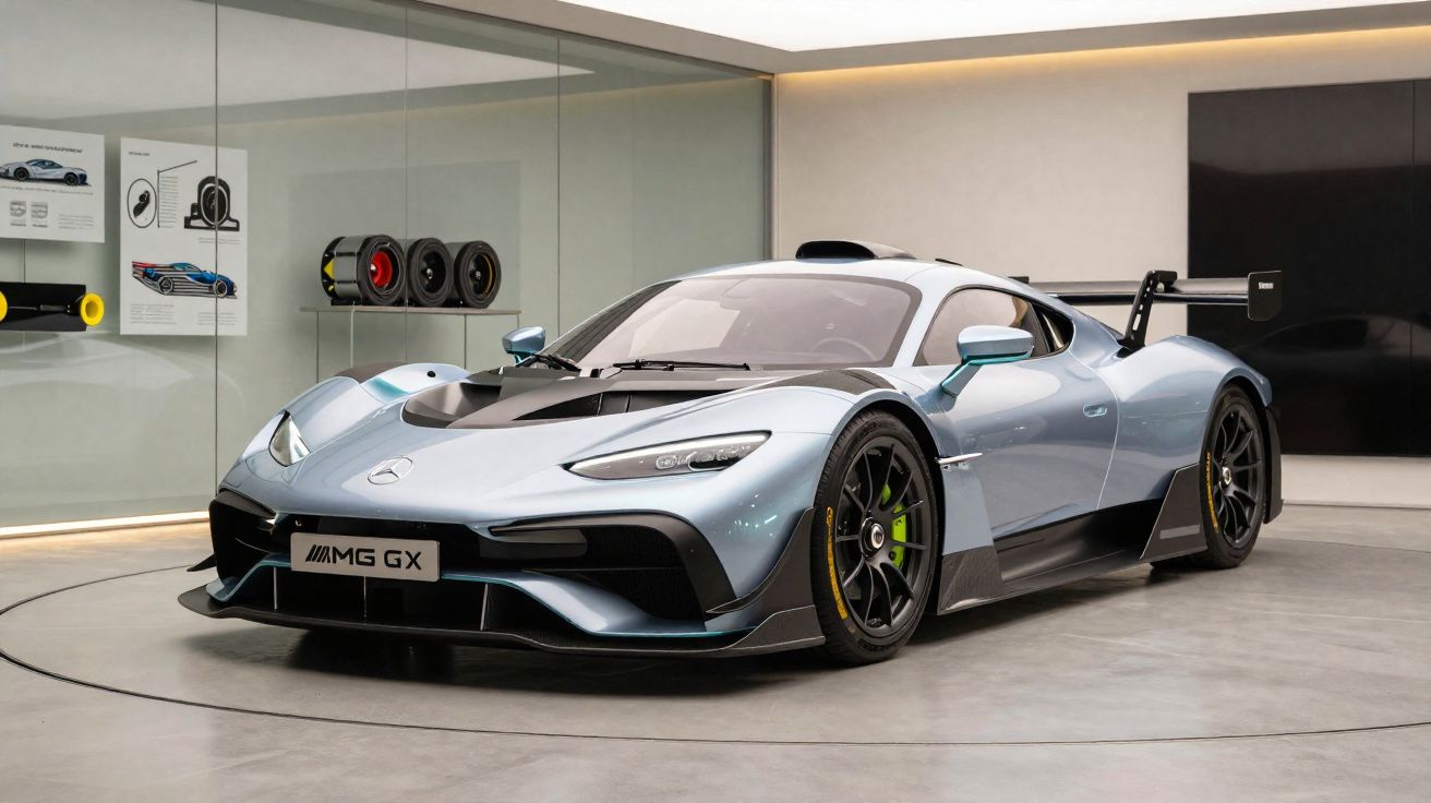 Carro desportivo Mercedes-AMG GX prata exposto numa sala moderna com rodas sobressalentes na parede.