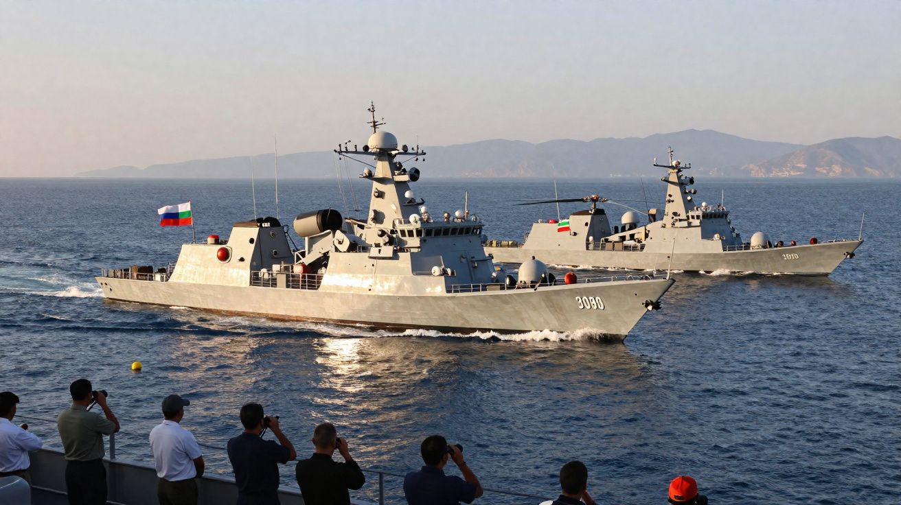 Dois navios militares em mar calmo, com pessoas a observar e fotografar da borda de outro navio.