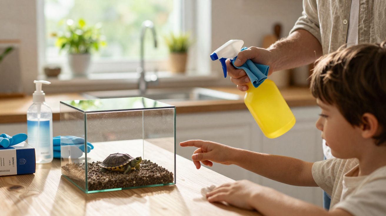 Criança aponta para tartaruga dentro de aquário enquanto adulto limpa vidro com pulverizador amarelo.