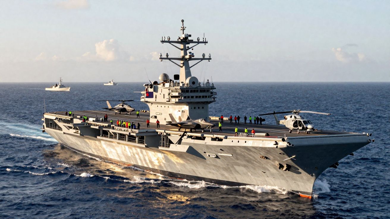 Porta-aviões cinzento com helicópteros e tripulação em alto mar, com três navios ao fundo.