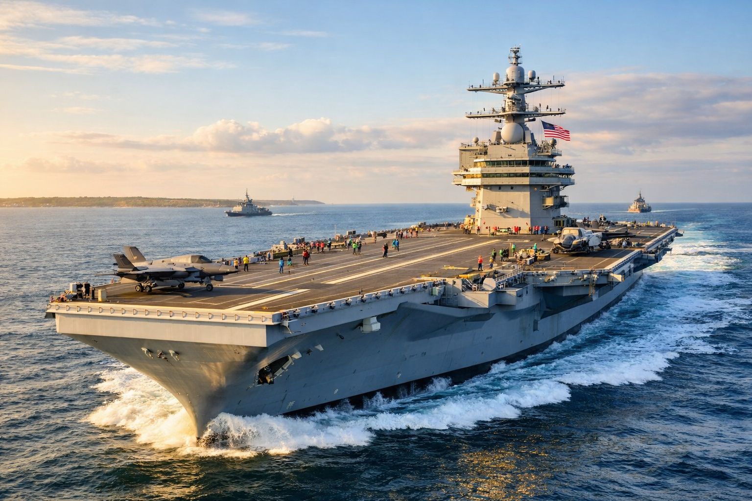 Porta-aviões militar em mar aberto com pessoal e dois aviões na sua pista de aterragem.