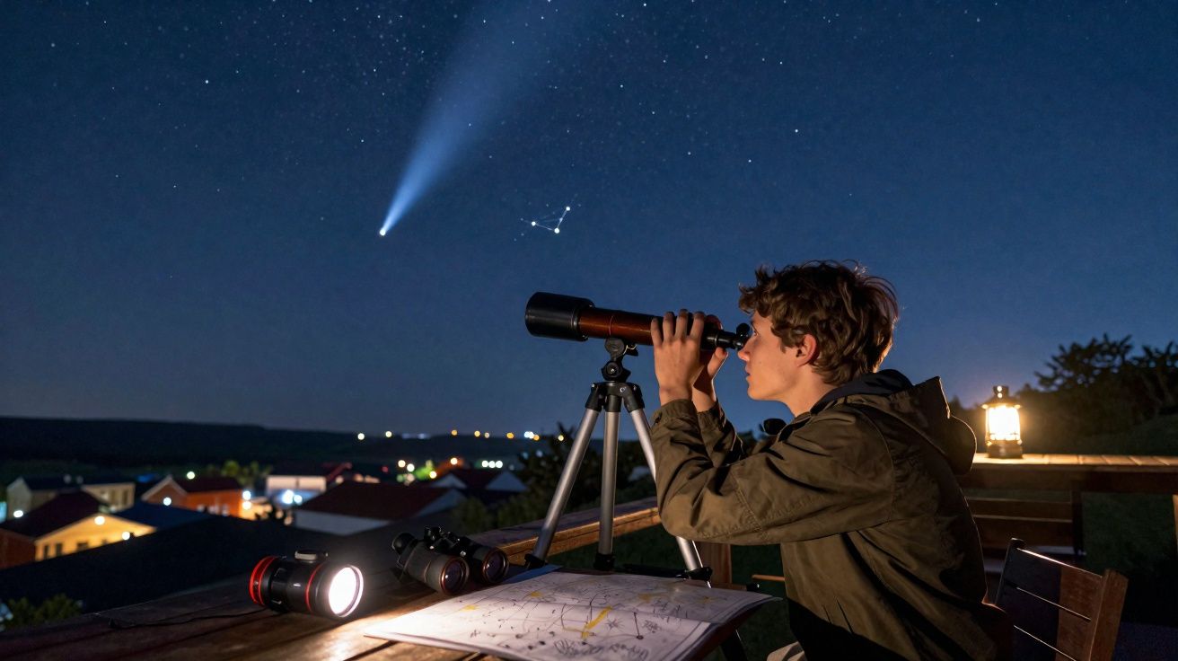 Jovem observa com telescópio um cometa e constelação no céu noturno, com mapa estelar numa mesa iluminada.