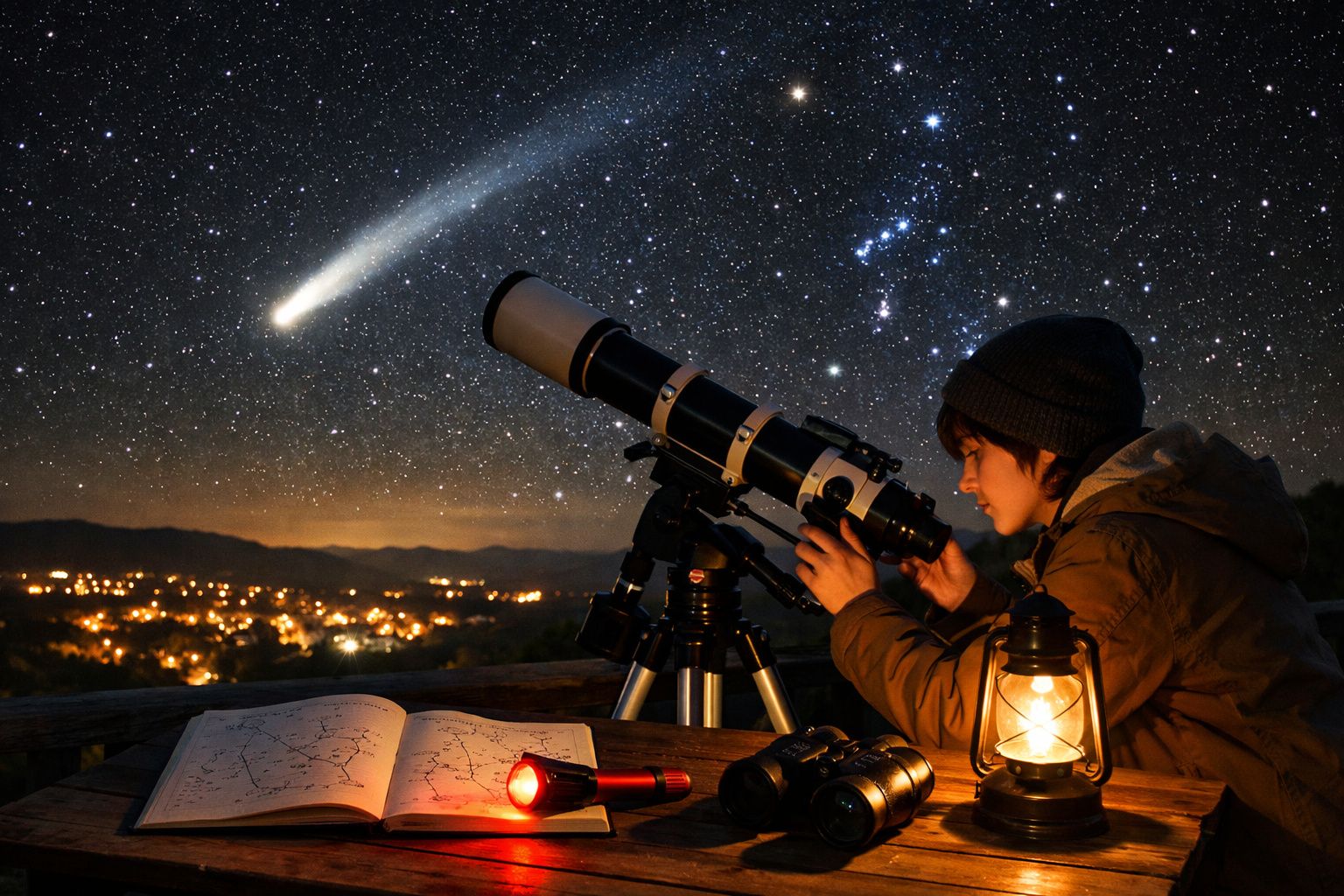 Criança observa com telescópio um cometa no céu estrelado, com mapa astronómico e lanterna numa mesa.