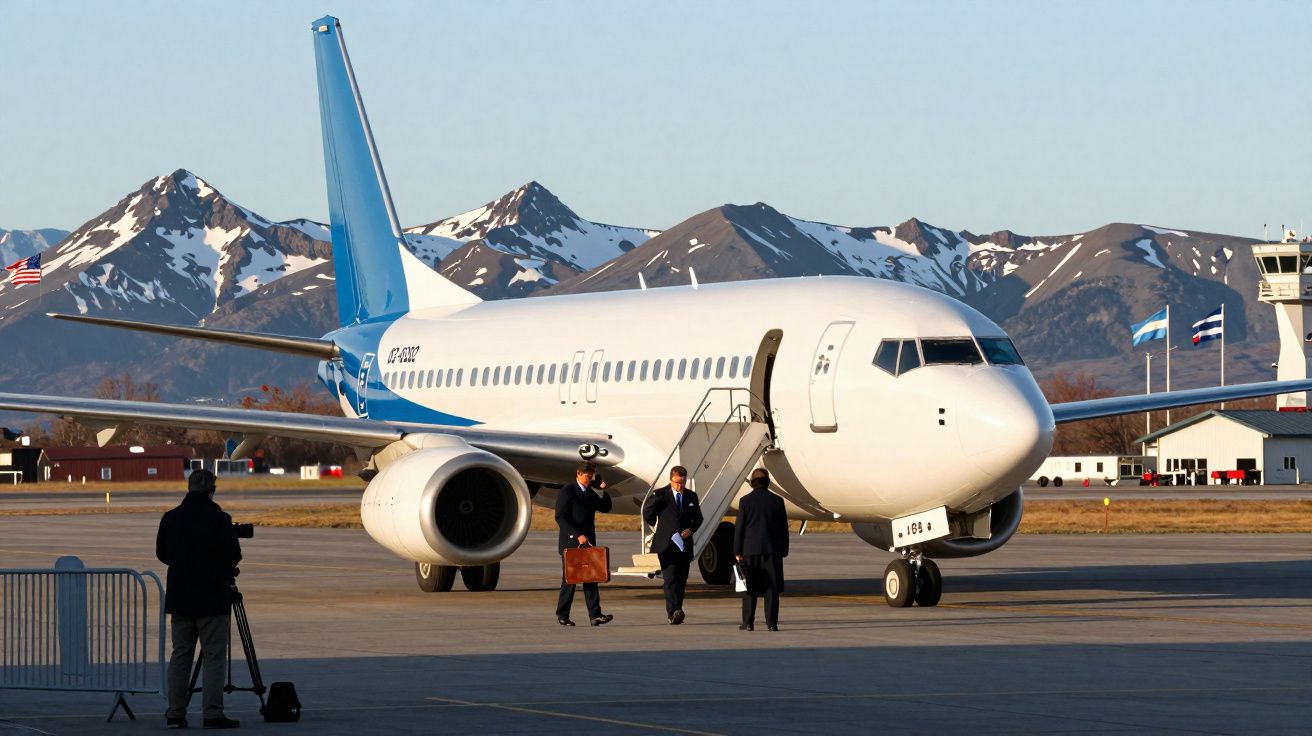 Avião branco e azul estacionado com três passageiros a descer escadaria e montanhas nevadas ao fundo.
