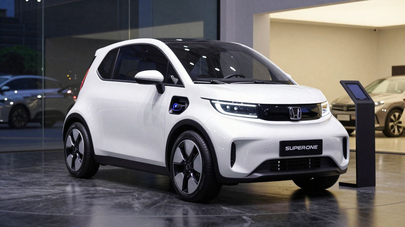 Carro elétrico compacto branco Honda Superone exposto em showroom moderno com chão de cimento polido.