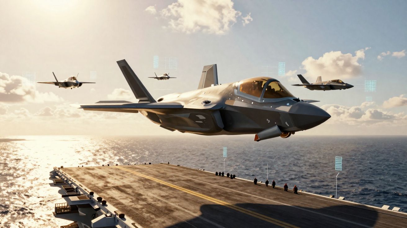 Quatro caças militares a voar em formação sobre o mar perto de um porta-aviões ao pôr do sol.