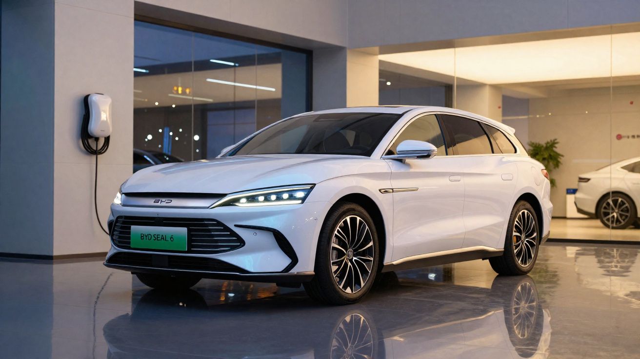 Automóvel elétrico branco estacionado em sala com carregador na parede ao fundo.