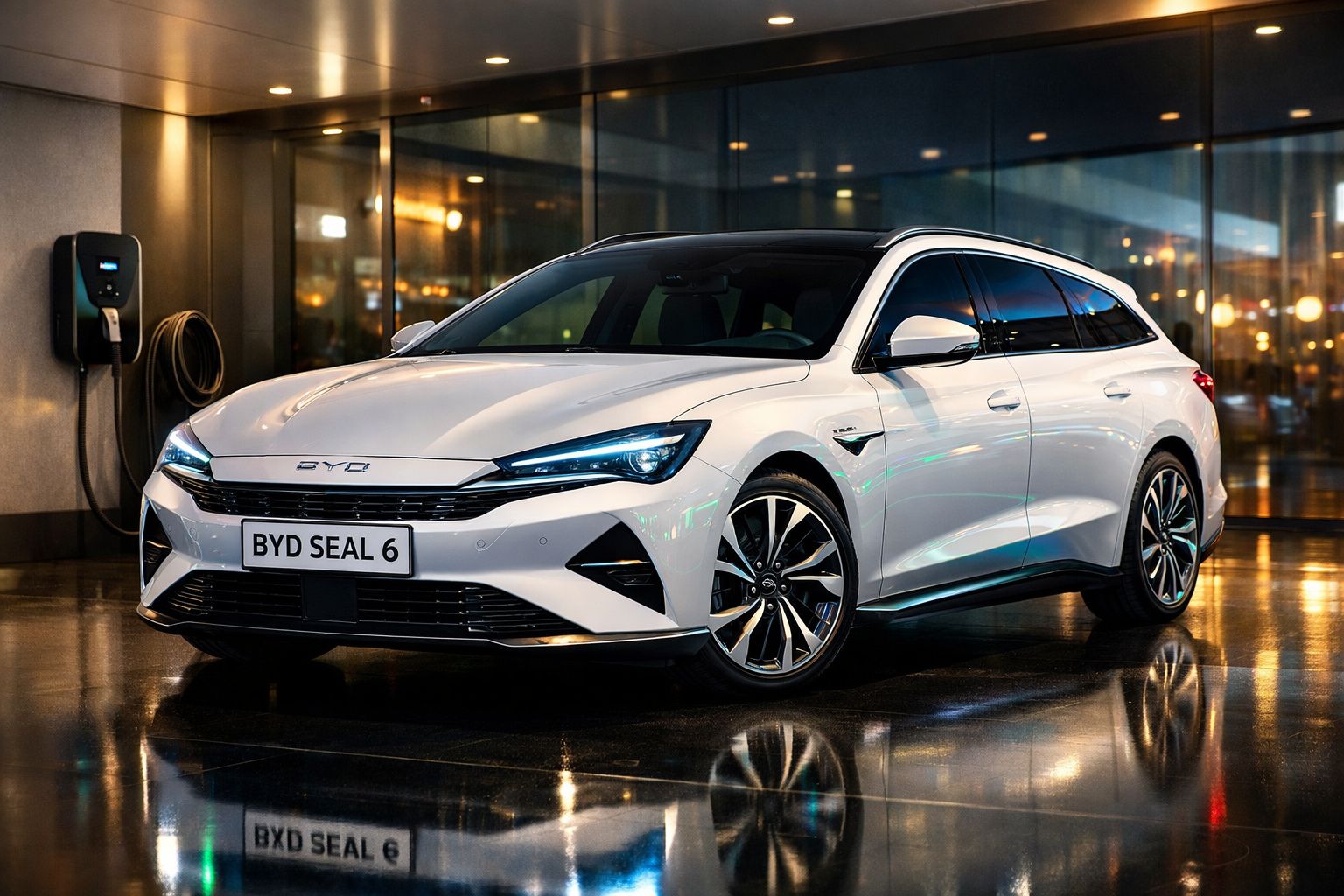 Carro elétrico BYD Seal 6 branco estacionado junto a um posto de carregamento à noite.