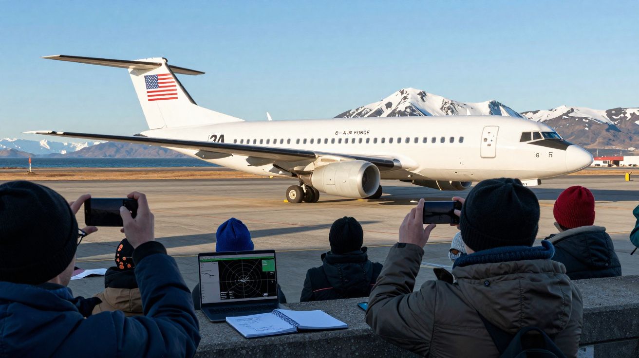 Grupo de pessoas a fotografar avião branco da Força Aérea Americana numa pista com montanhas ao fundo.