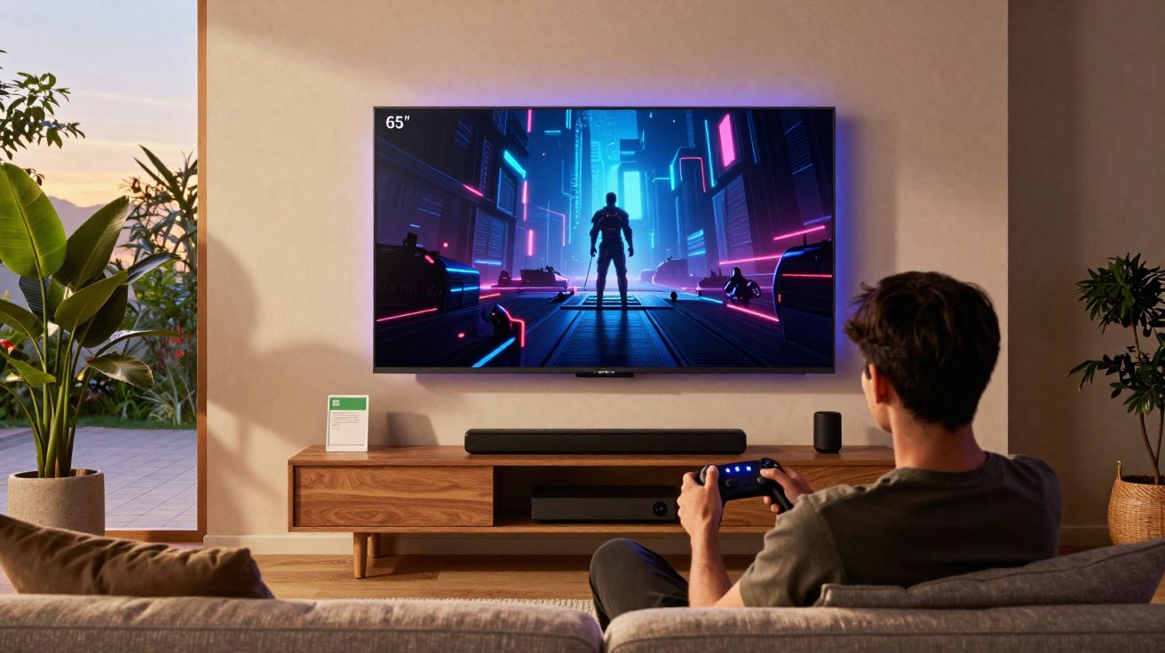 Homem sentado no sofá a jogar videojogo numa televisão 65" num ambiente moderno e iluminado.