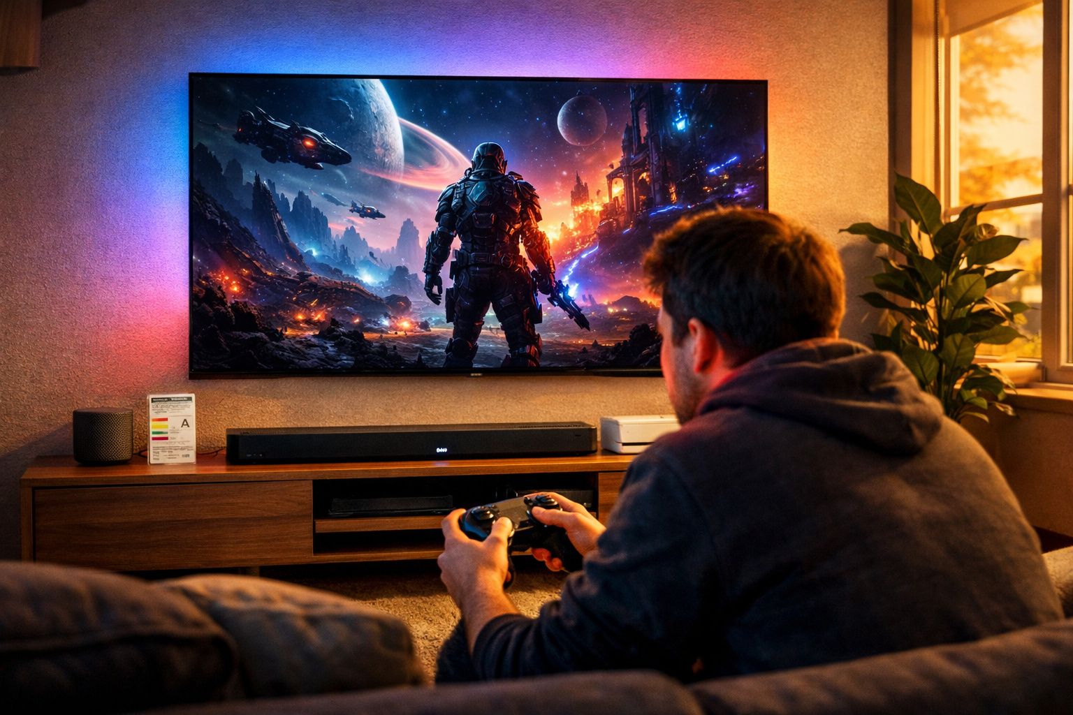 Homem sentado no sofá a jogar videojogo de ficção científica numa televisão grande com iluminação ambiente.