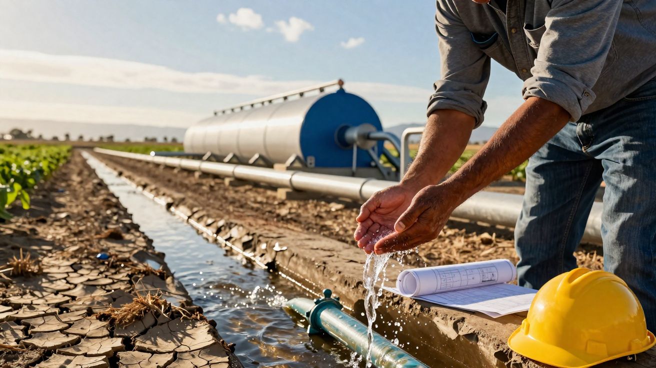 Homem em campo agrícola inspeciona sistema de irrigação com água a fluir, capacete amarelo ao lado e plantas verdes.
