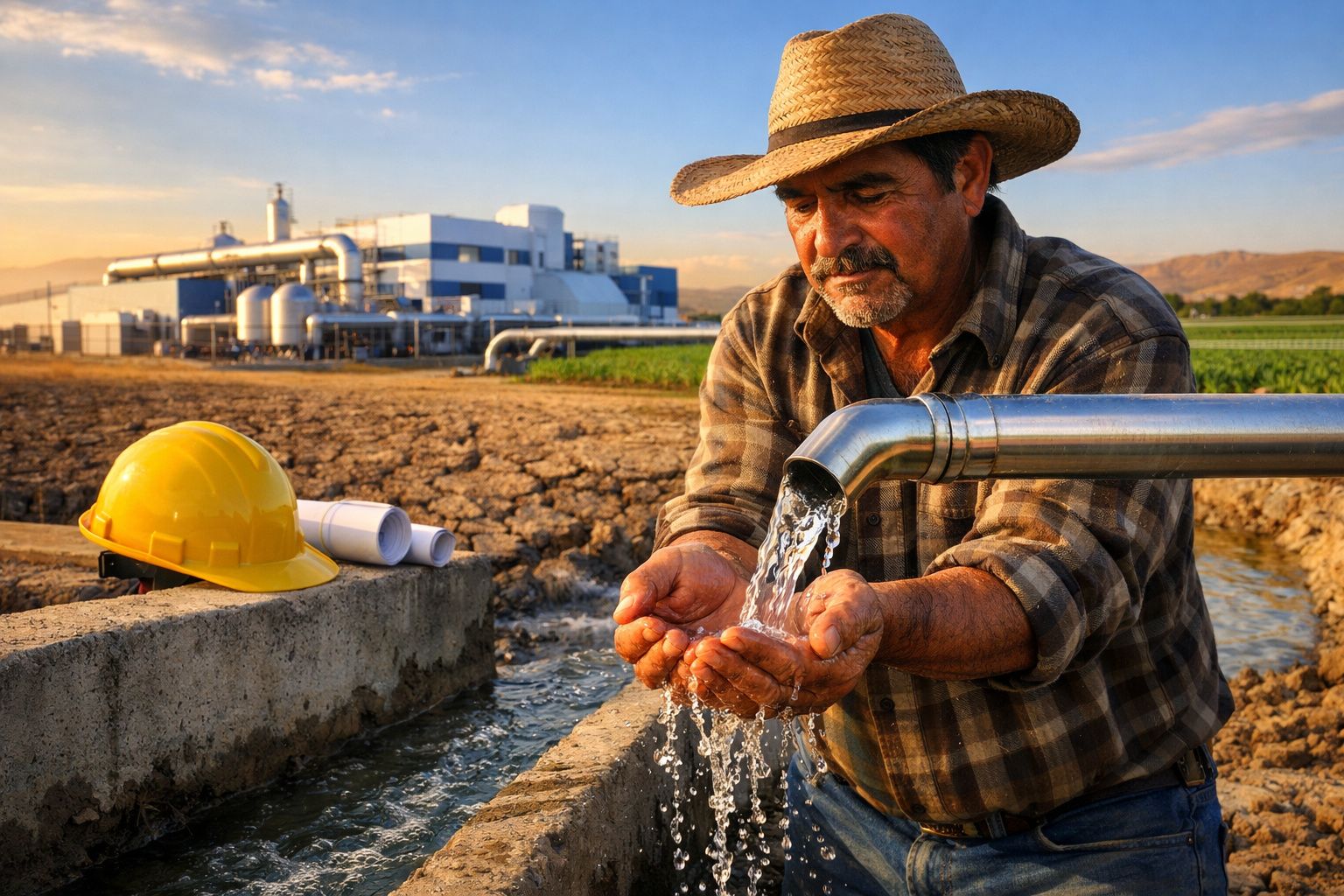 Homem com chapéu a recolher água num campo agrícola com fábrica ao fundo e capacete amarelo numa pedra.