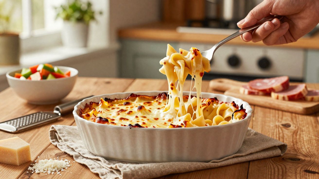 Mão a levantar garfo com mistura cremosa e queijo derretido de uma caçarola de massa gratinada.
