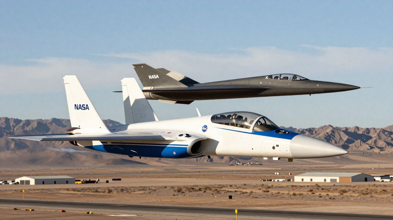 Dois aviões experimentais da NASA a voar próximos sobre uma pista num cenário desértico com montanhas ao fundo.