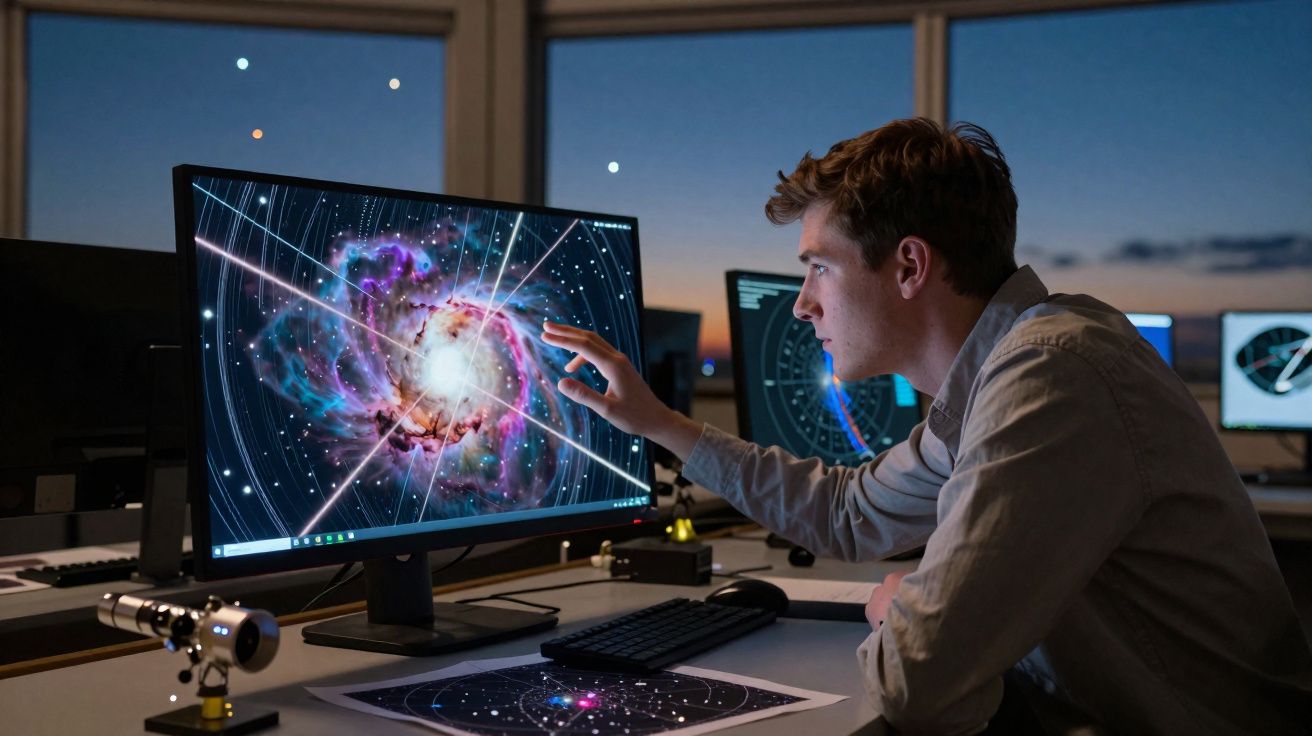 Homem jovem num escritório a analisar uma imagem digital de uma galáxia no ecrã do computador ao entardecer.