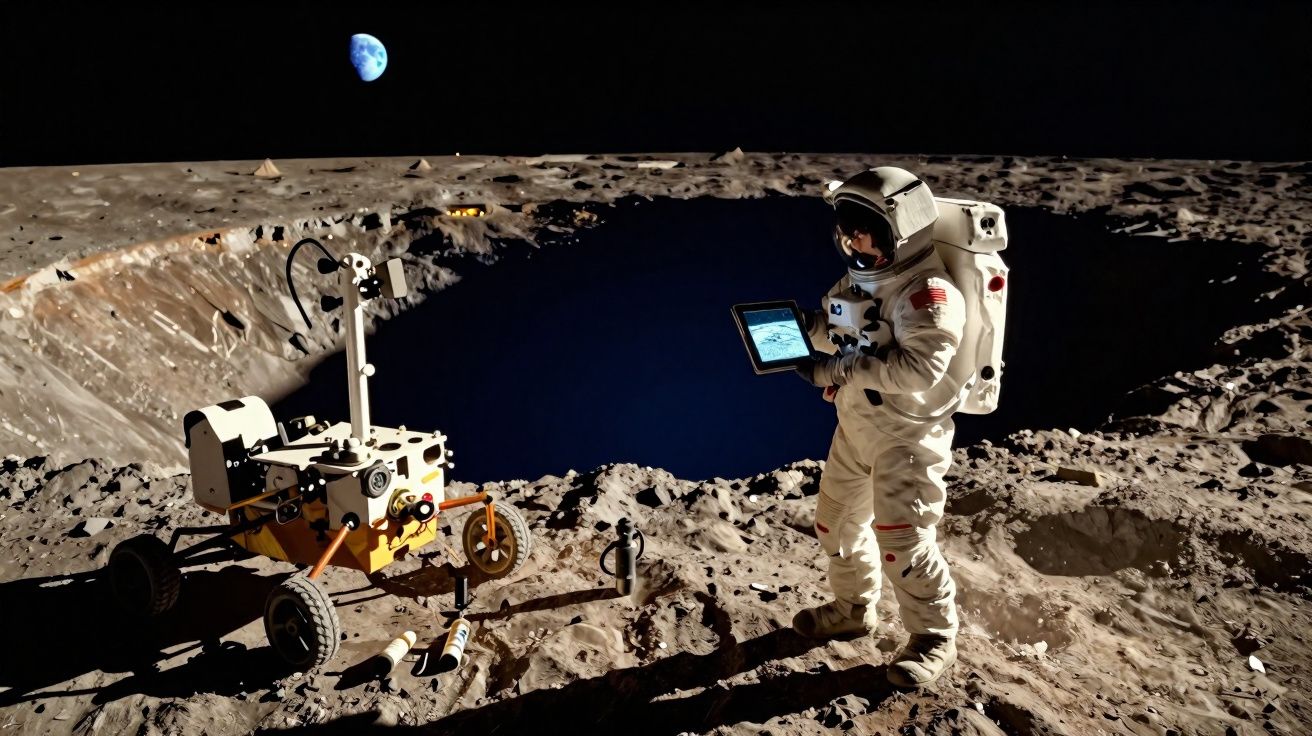 Astronauta com tablet e robô explorador em cratera lunar com a Terra ao fundo no espaço.