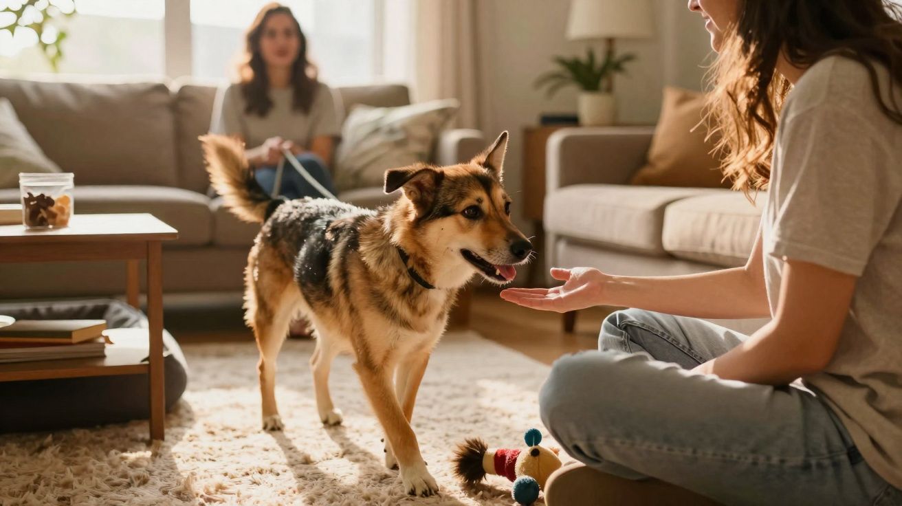 Cão a interagir com mulher sentada no chão de sala de estar enquanto outra mulher está no sofá ao fundo.