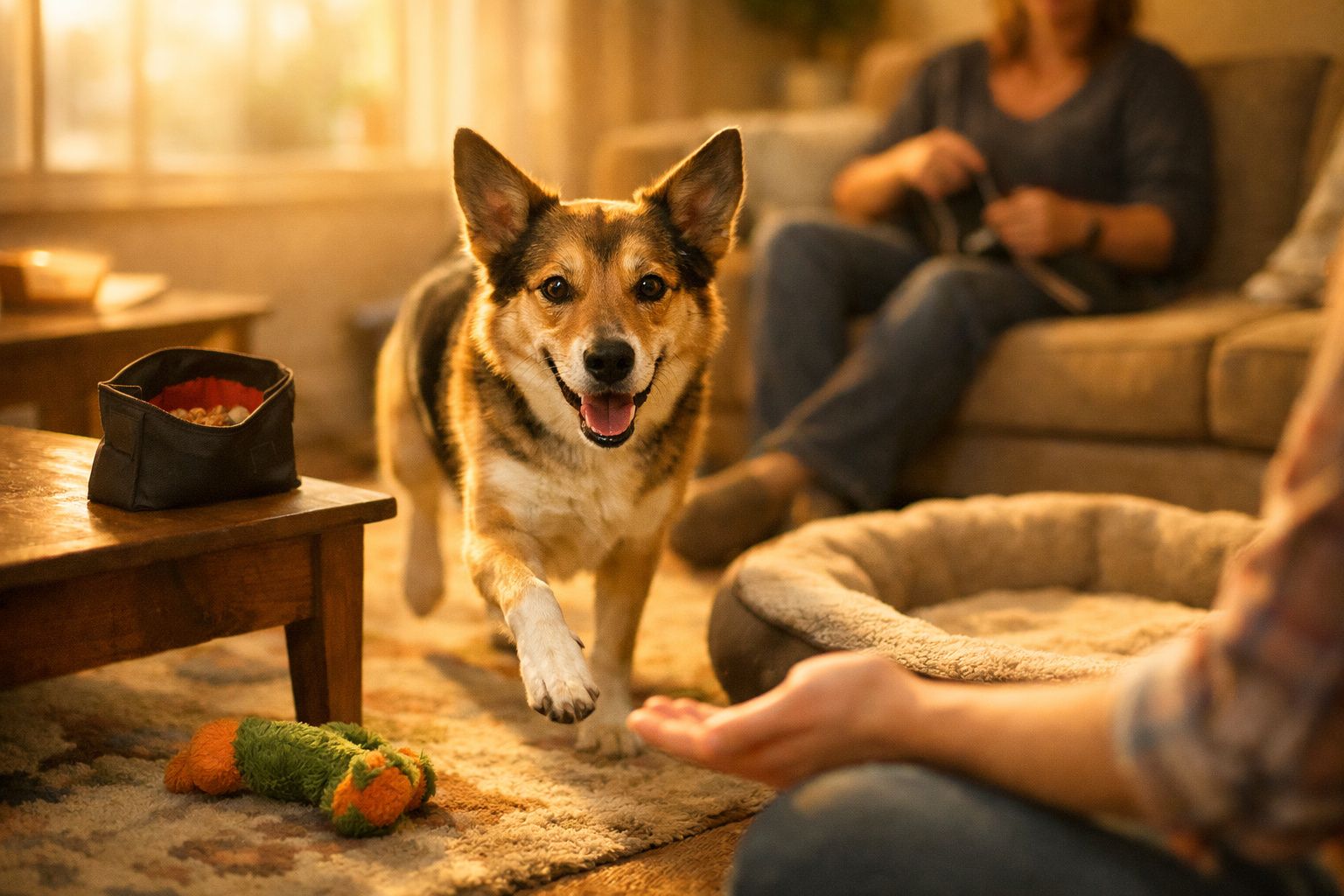 Cão alegre a correr na sala em direção a pessoa com a mão estendida, brinquedos e cama de cão visíveis.