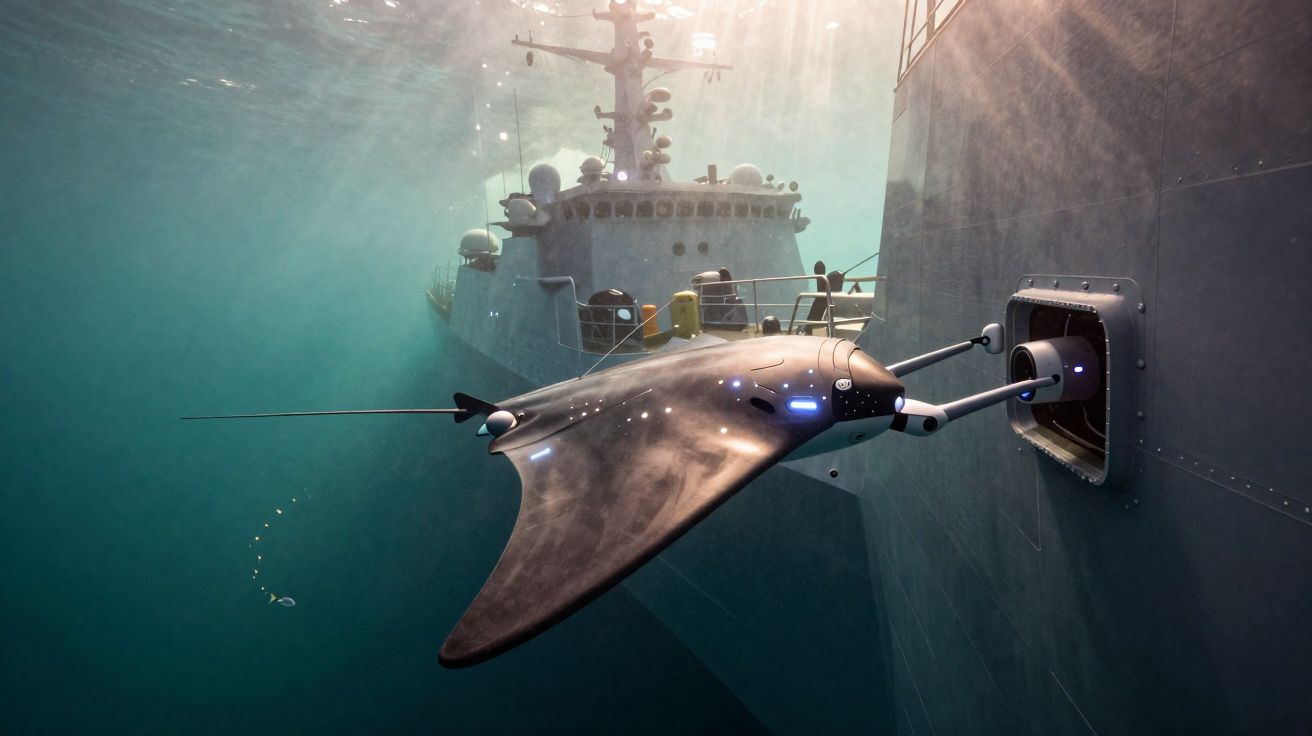 Veículo subaquático autónomo tipo raia acoplado a navio militar no mar com luzes azuis emitidas.