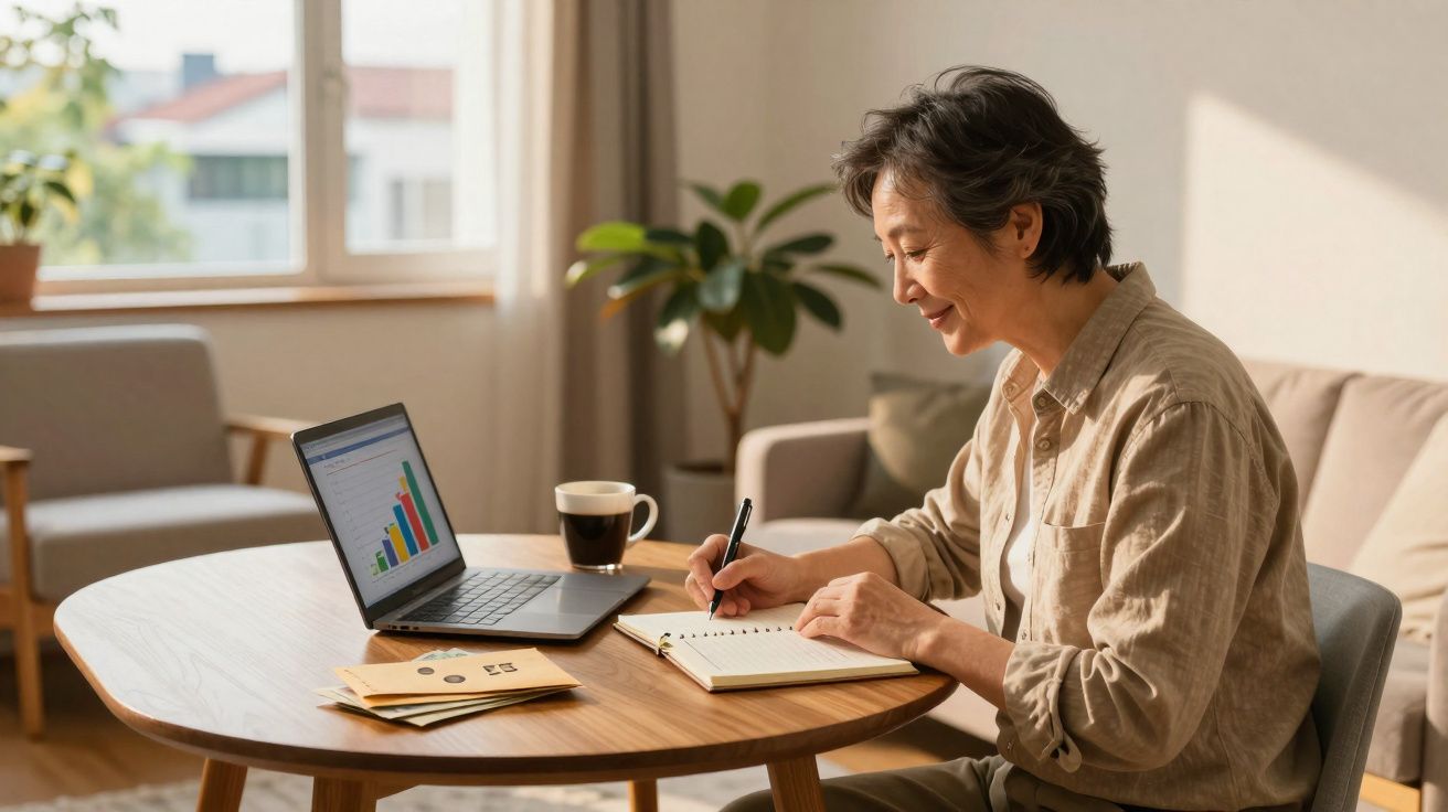 Mulher sorridente a escrever num caderno sentada à mesa com laptop e café numa sala iluminada.