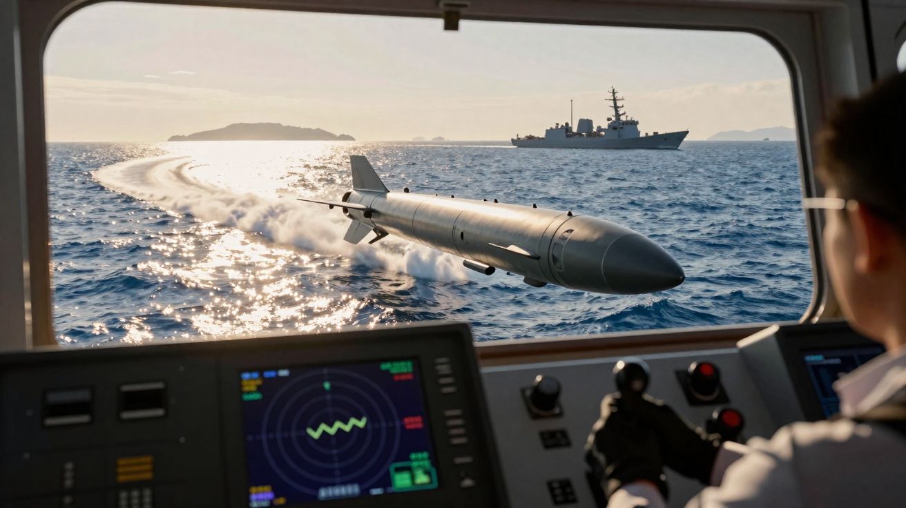 Lançamento de míssil naval visto de dentro de uma embarcação com monitor e tripulante a controlar.