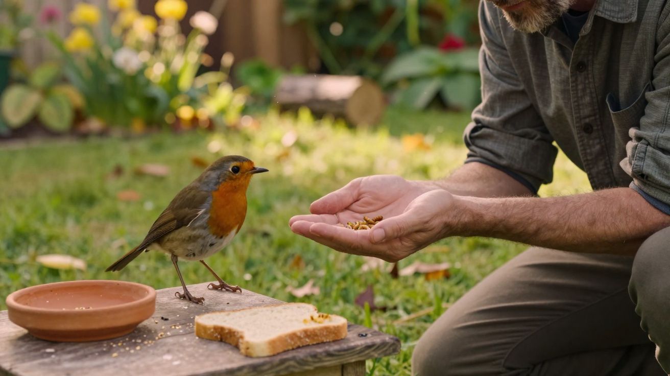 Homem alimenta um pisco-de-peito-ruivo em jardim com alimento na mão e pedaço de pão numa mesa baixa.